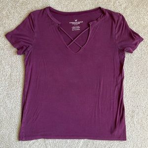 American Eagle Maroon Criss-Cross Front T-Shirt
